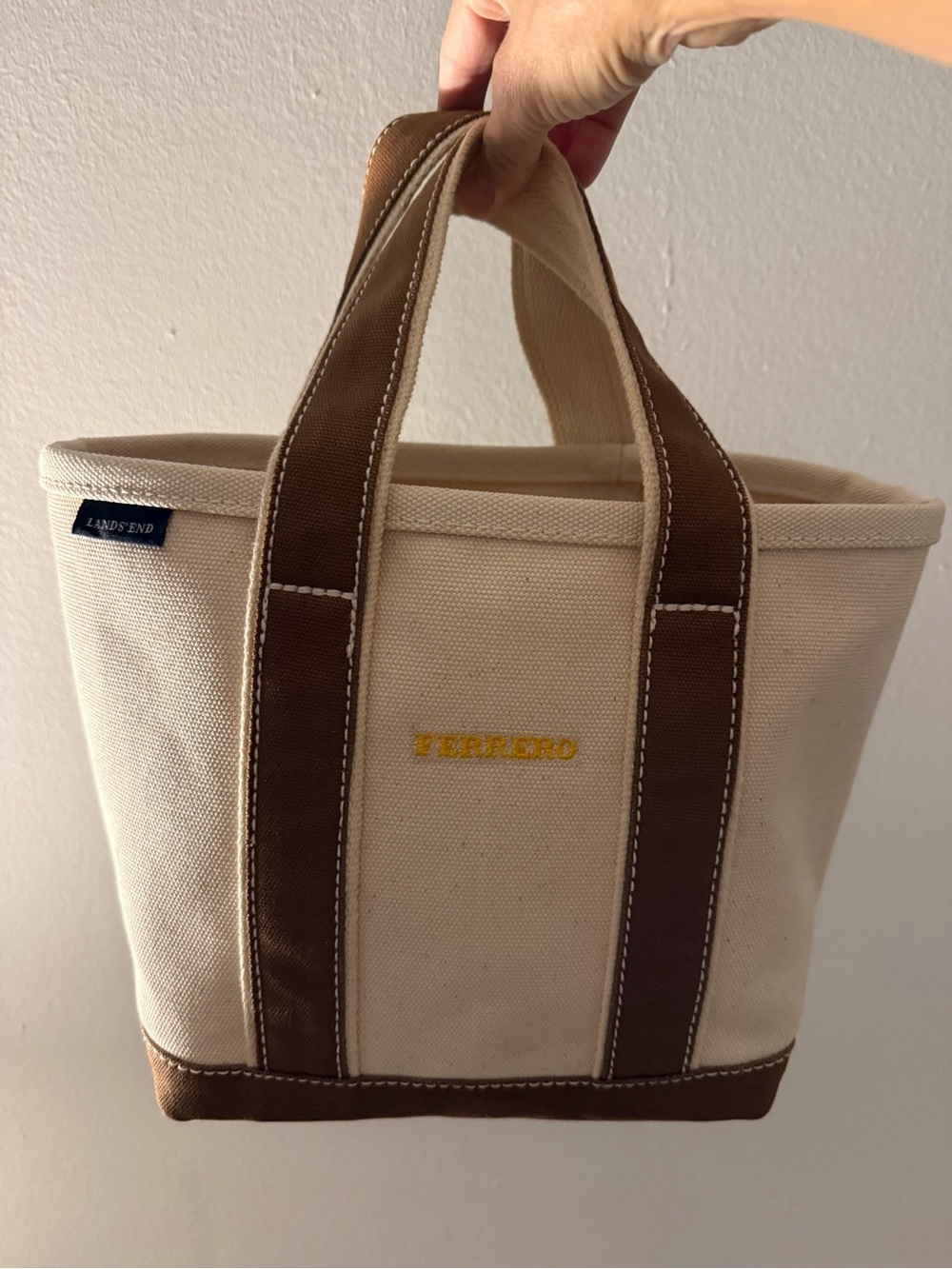 Lands' End Cream and Brown Canvas Tote with Ferrero Embroidery